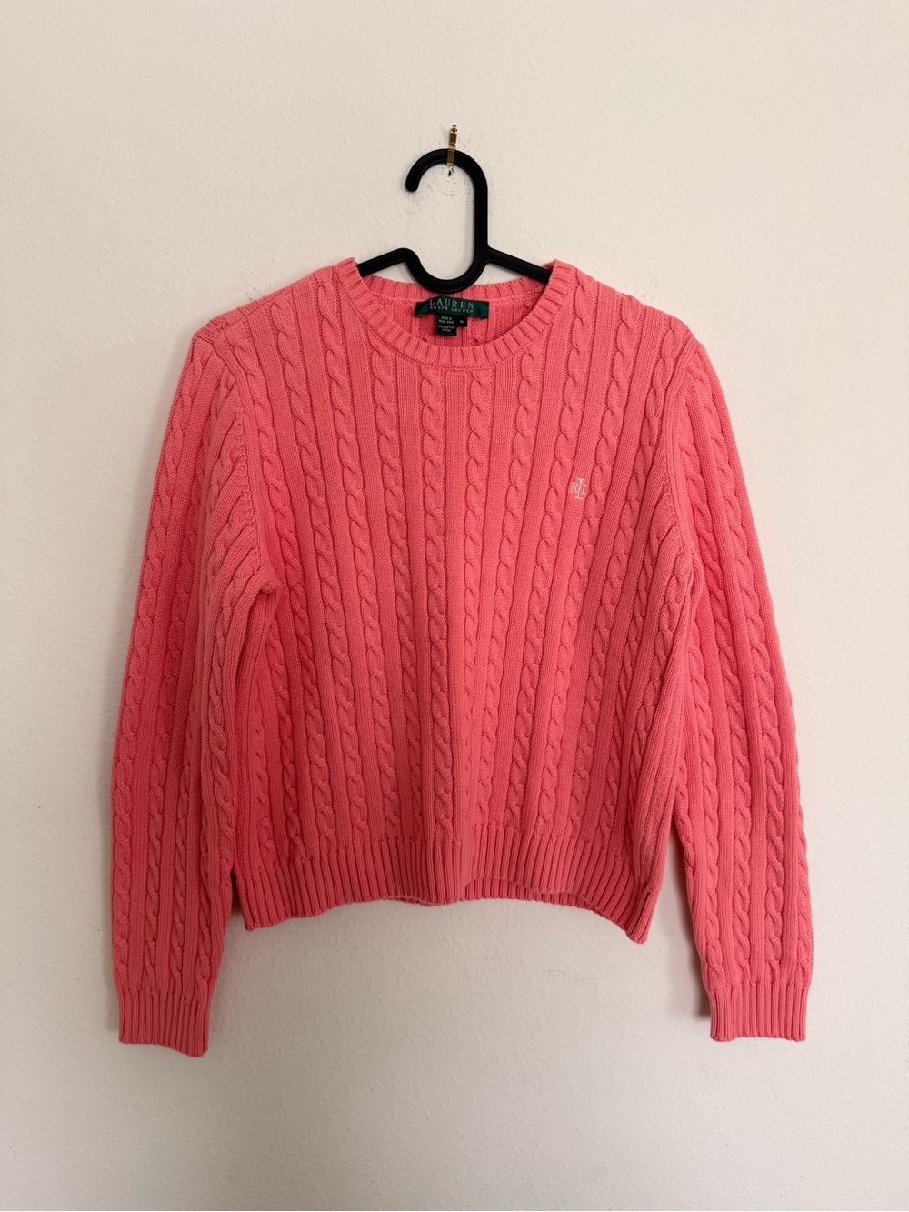 Lauren Ralph Lauren Pink Cable-Knit Crewneck Cotton Pullover Sweater M